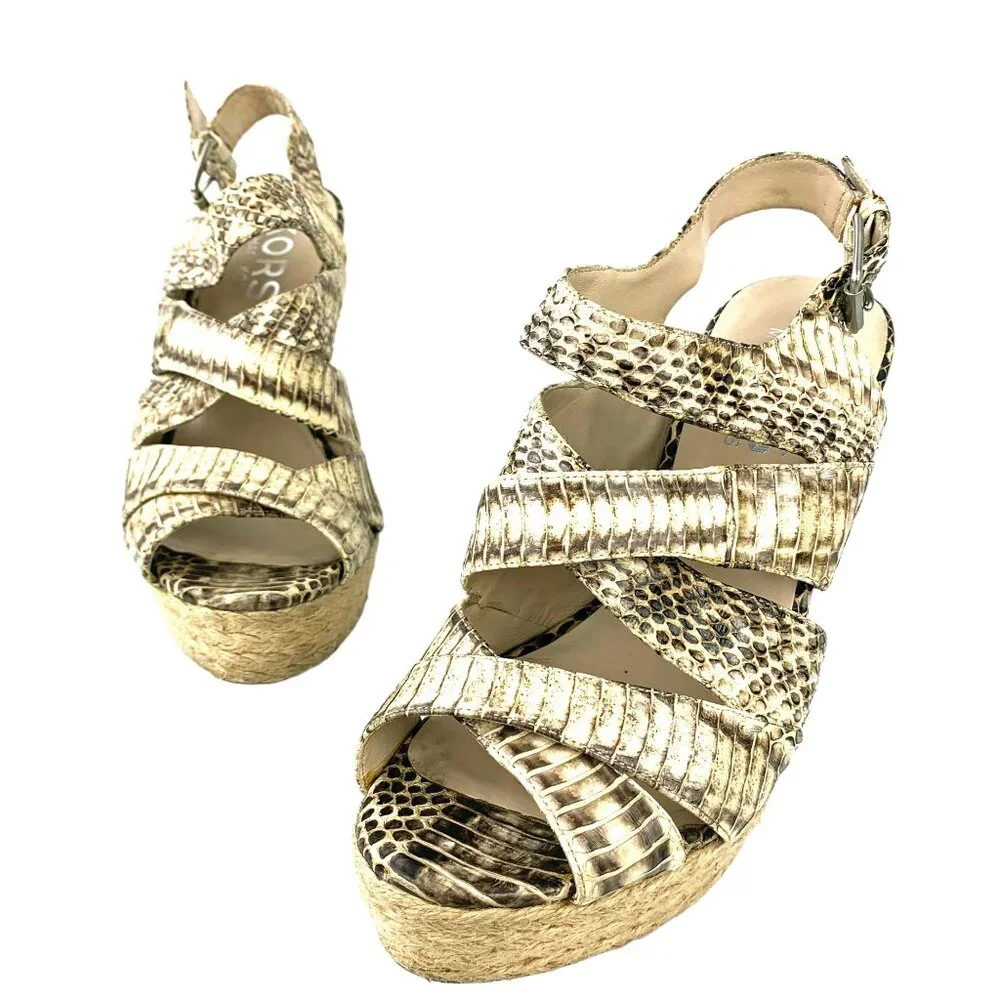 KORS Michael Kors Cynthia Embossed‎ Leather Espadrille Wedge Sandals